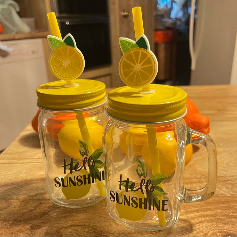 Hello Sunshine Yellow Lemon Mason Jar Mug Set with Straws 16 oz